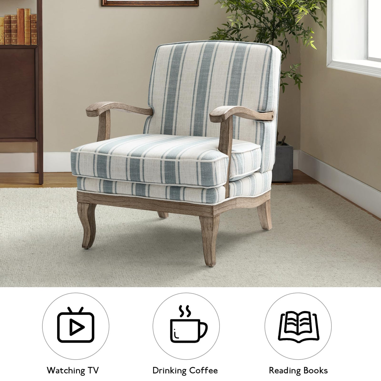 HULALA HOME Upholstered Accent Chair, Mid-Century Modern Striped Chair with Graceful Curves and Wooden Legs, Comfy Lounge Armchair Striped Accent Chairs for Living Room, Bedroom (Blue) HULALA HOME