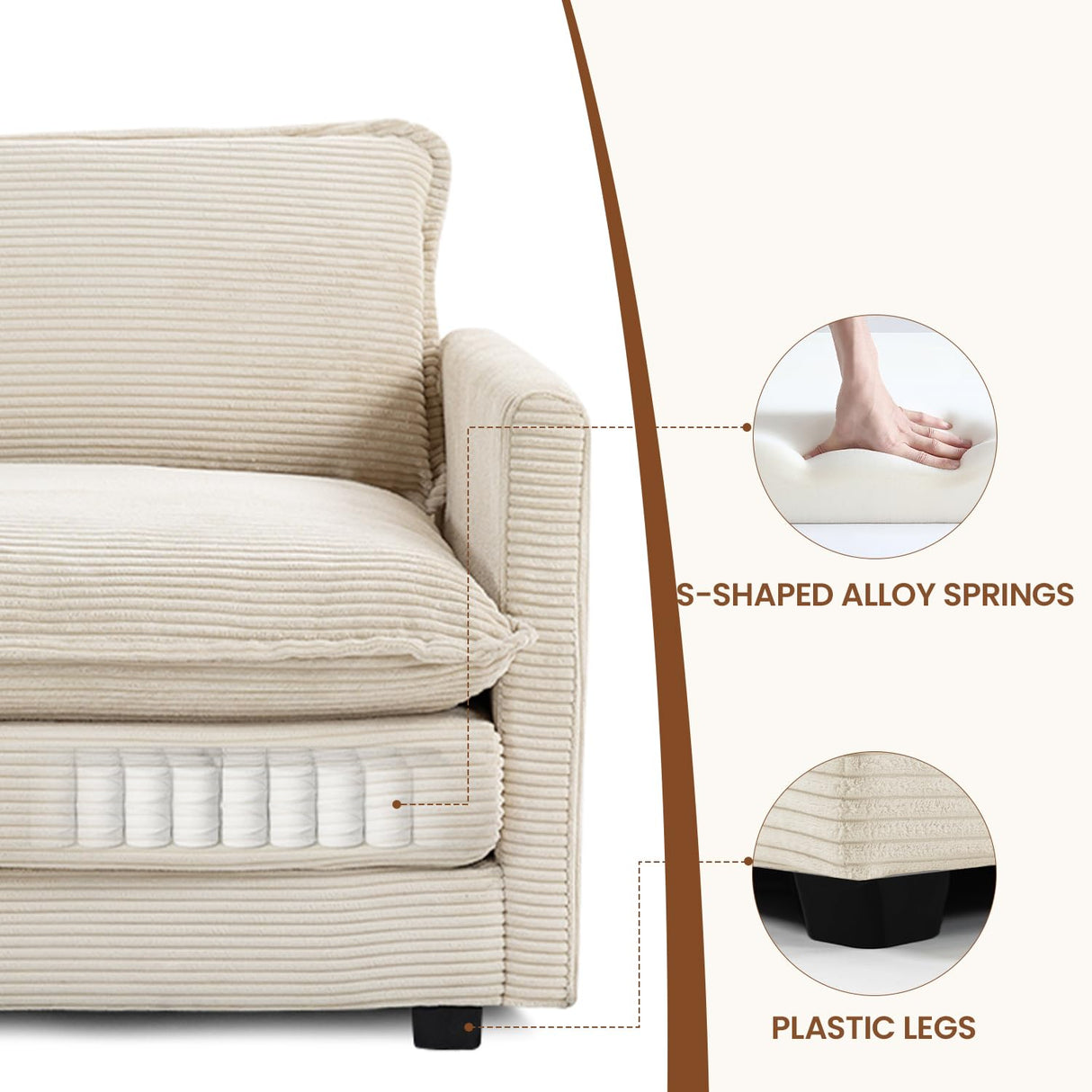 ROWHY 78'' Sectional 2 Seat Cloud Loveseat with 2 Throw Pillows, Modern Corduroy Love Seat, Cozy Sofa for Living Room, Office and Bedroom, Beige ROWHY