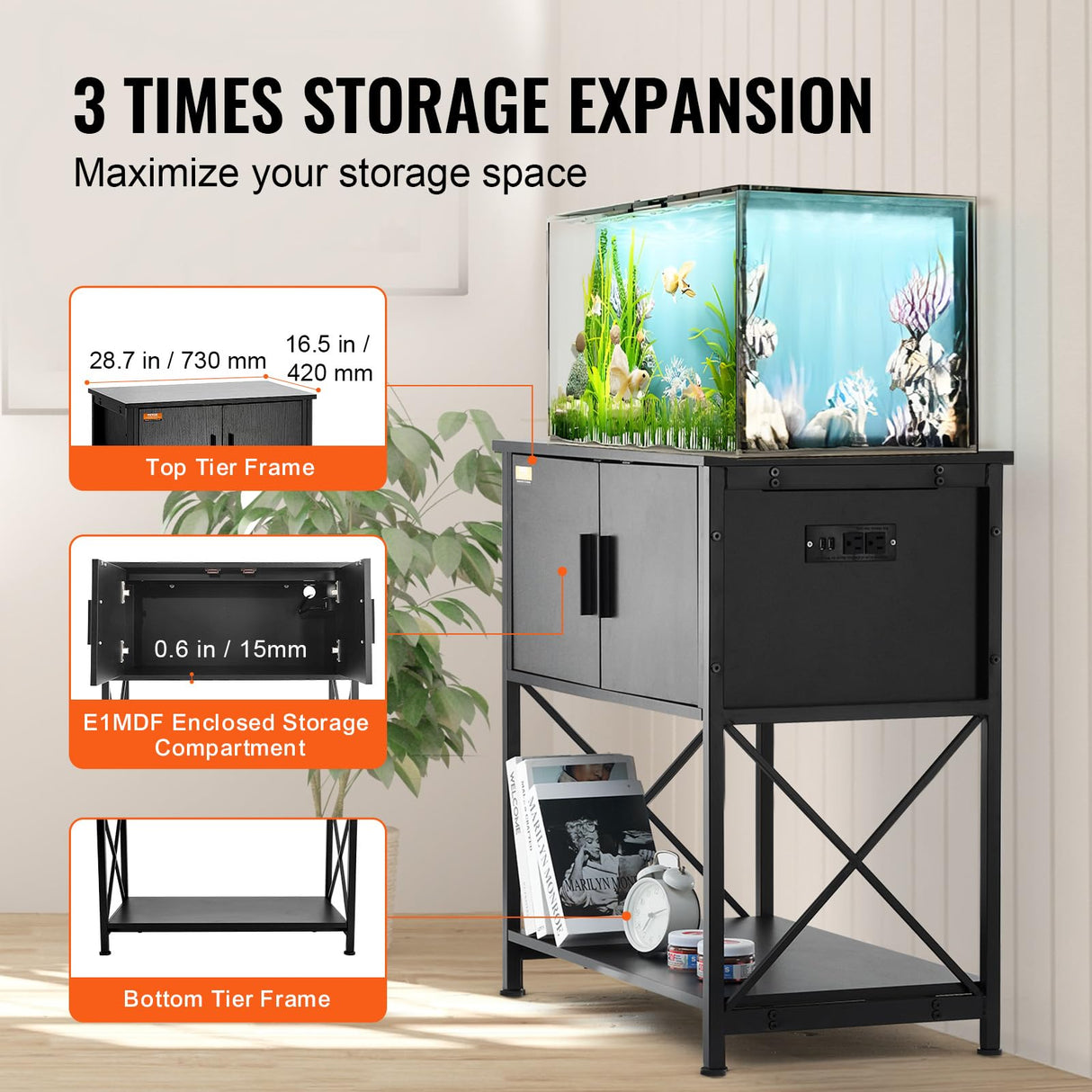 VEVOR Aquarium Stand, 29 Gallon Fish Tank Stand, 28.7 x 16.5 x 30 in Steel and MDF Turtle Tank Stand, 242.5 lbs Load Capacity, Reptile Tank Stand with Storage Cabinet and Embedded Power Panel, Black VEVOR