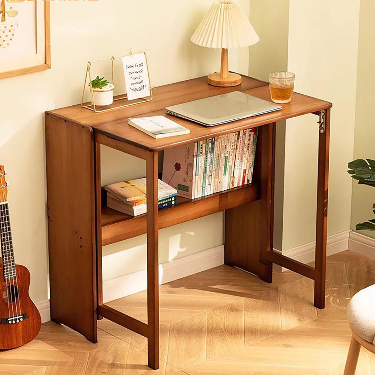 Lebolna Collapsible Desk for Small Spaces,Bamboo Folding Writng Working Computer Desk,Expandable Design with Shelves,Rustic Foldable Desk Table Home Office Fold Up Desk(33" W, Brown) Lebolna