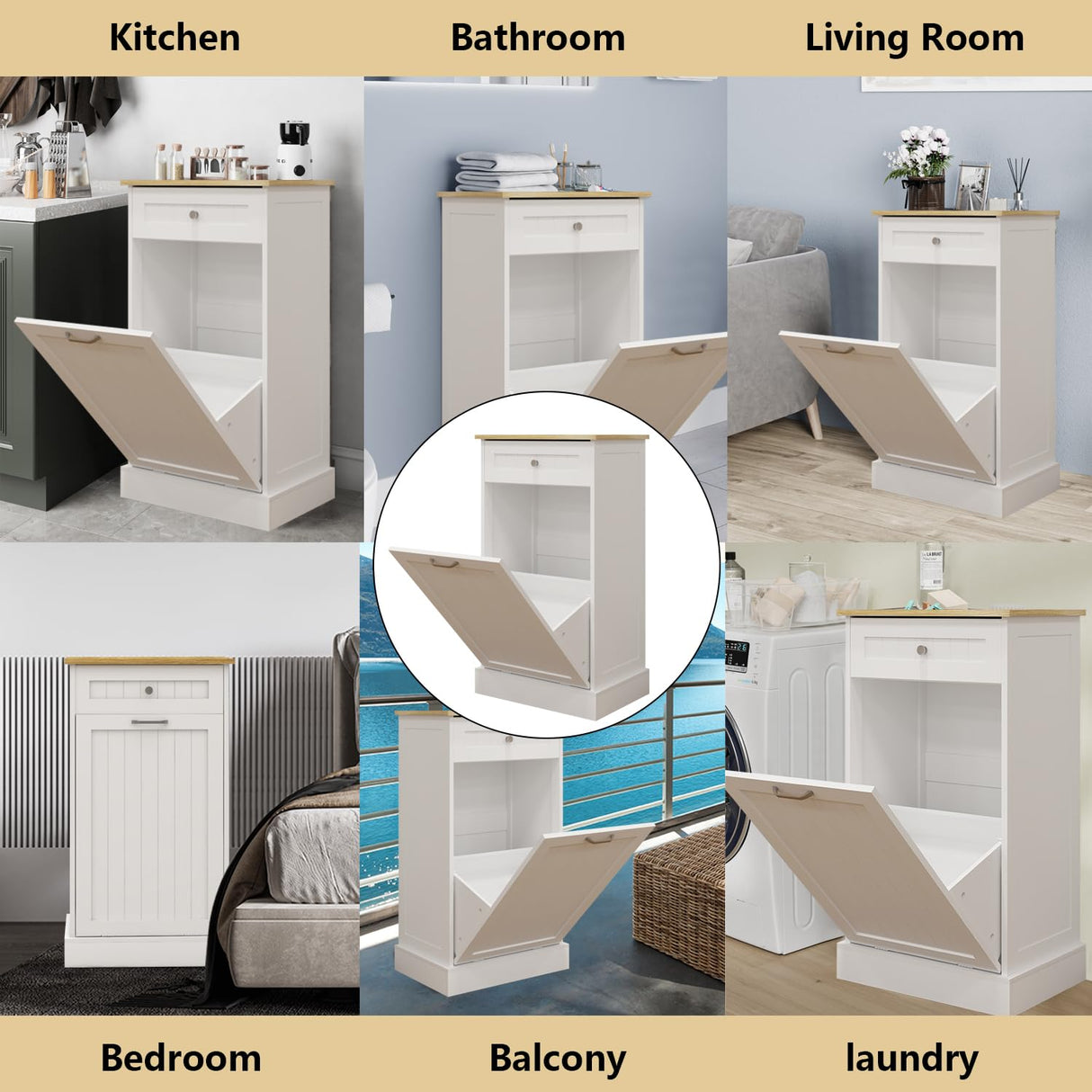 Bocarali Tilt Out Trash Cabinet, 10 Gallon Freestanding Wooden Kitchen Trash Recycling Sorter Cabinet with 2 Drawer, Tilt Out Trash Can Bin Garbage Laundry Cabinet for Living Room, White Bocarali