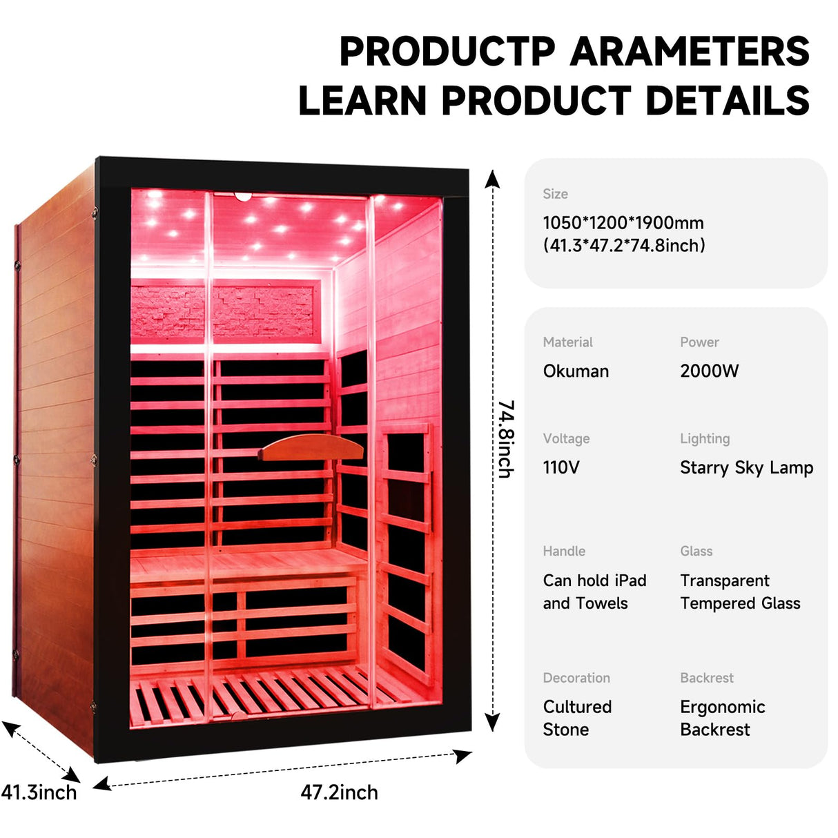 OUTEXER Infrared Sauna 2000W Wooden Saunas Home Spa Room Canadian Hemlock Wood Low-EMF Indoor Saunas with with 7 Color Starry Sky Ceiling Light for Two Person 74.8 * 47.2 * 41.3Inch OUTEXER