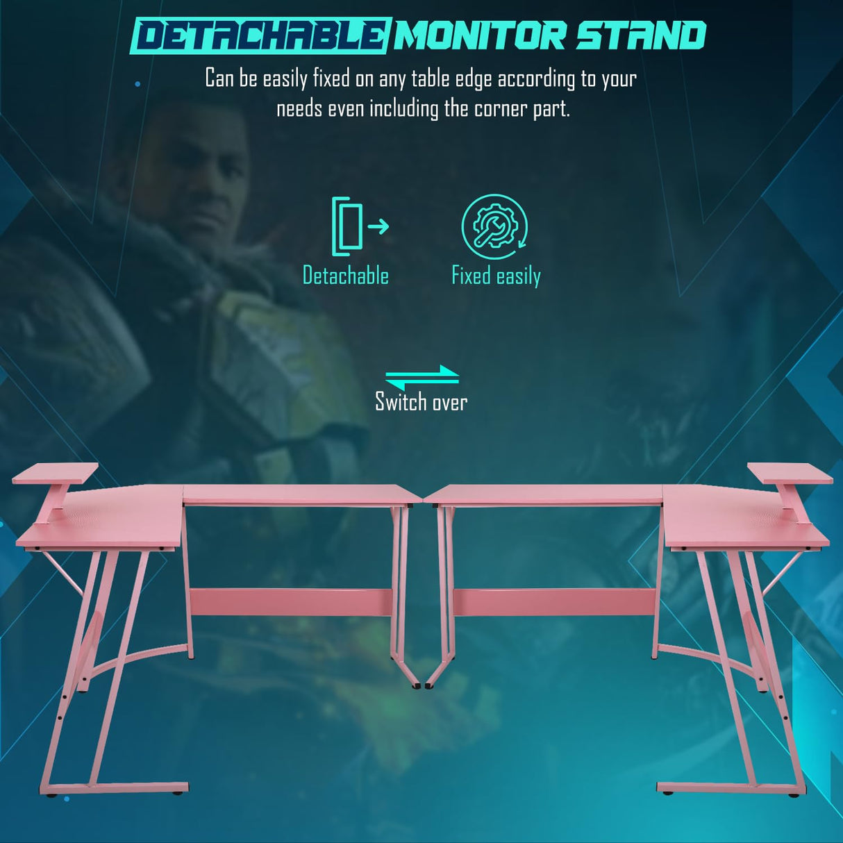 L Shaped Gaming Desk Computer Corner Desk PC Gaming Desk Table with Large Monitor Riser Stand for Home Office Sturdy Writing Workstation,Pink Dopinmin