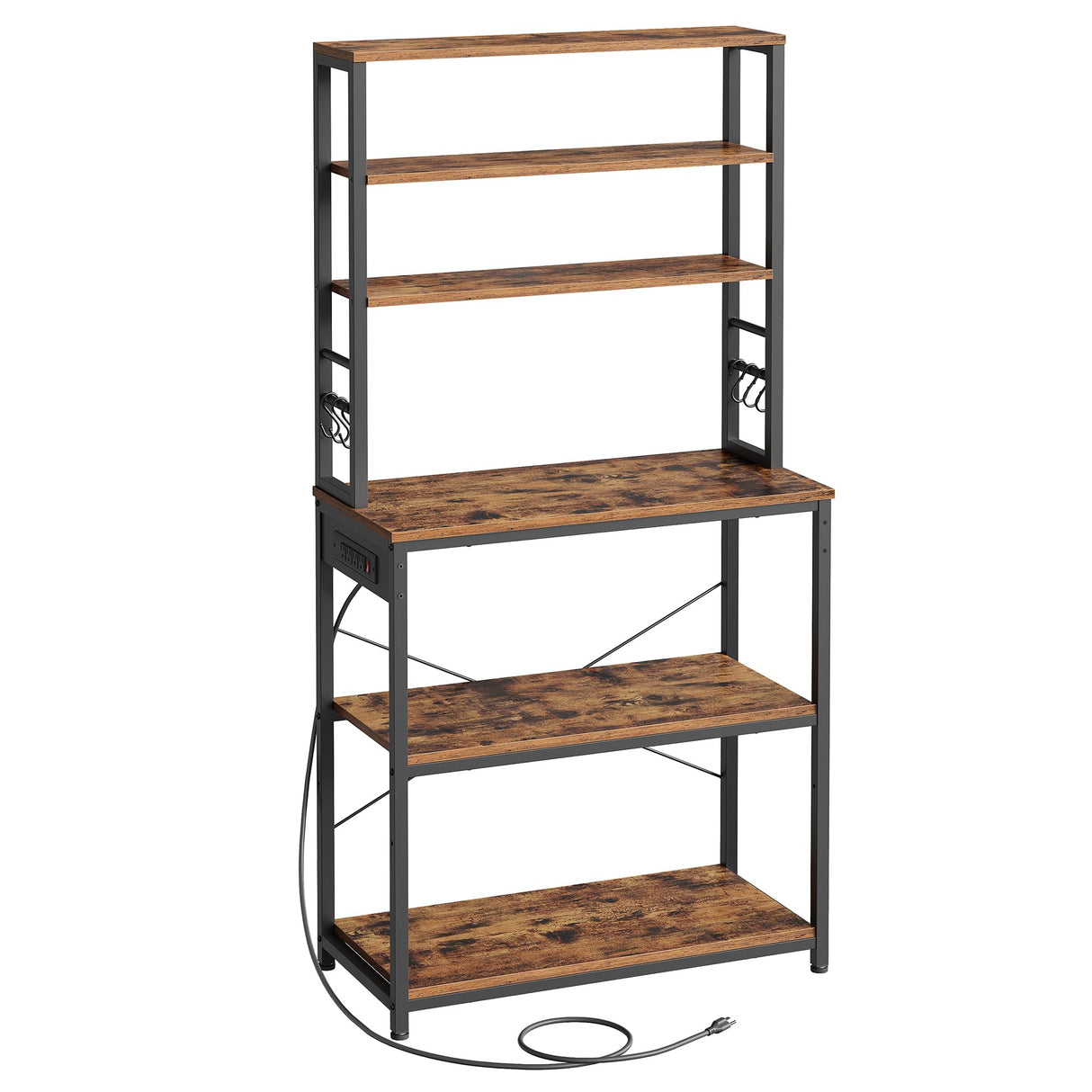 VASAGLE Bakers Rack with Power Outlet, 31.5 Inches Coffee Bar for Kitchen with Storage, 6-Tier Kitchen Shelves with 6 Hooks, Microwave Stand, Rustic Brown and Black UKKS119K01 VASAGLE