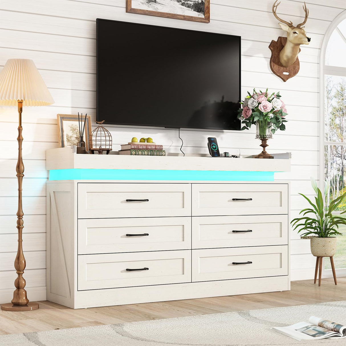 Hlivelood 59" Large Farmhouse 6 Drawers Dresser for Bedroom,Wide Wood Rustic 6 Chests of Drawers for Closet,with LED Light and Power Outlets,Tall Storage Dresser Organizer for Bedroom(White) Hlivelood