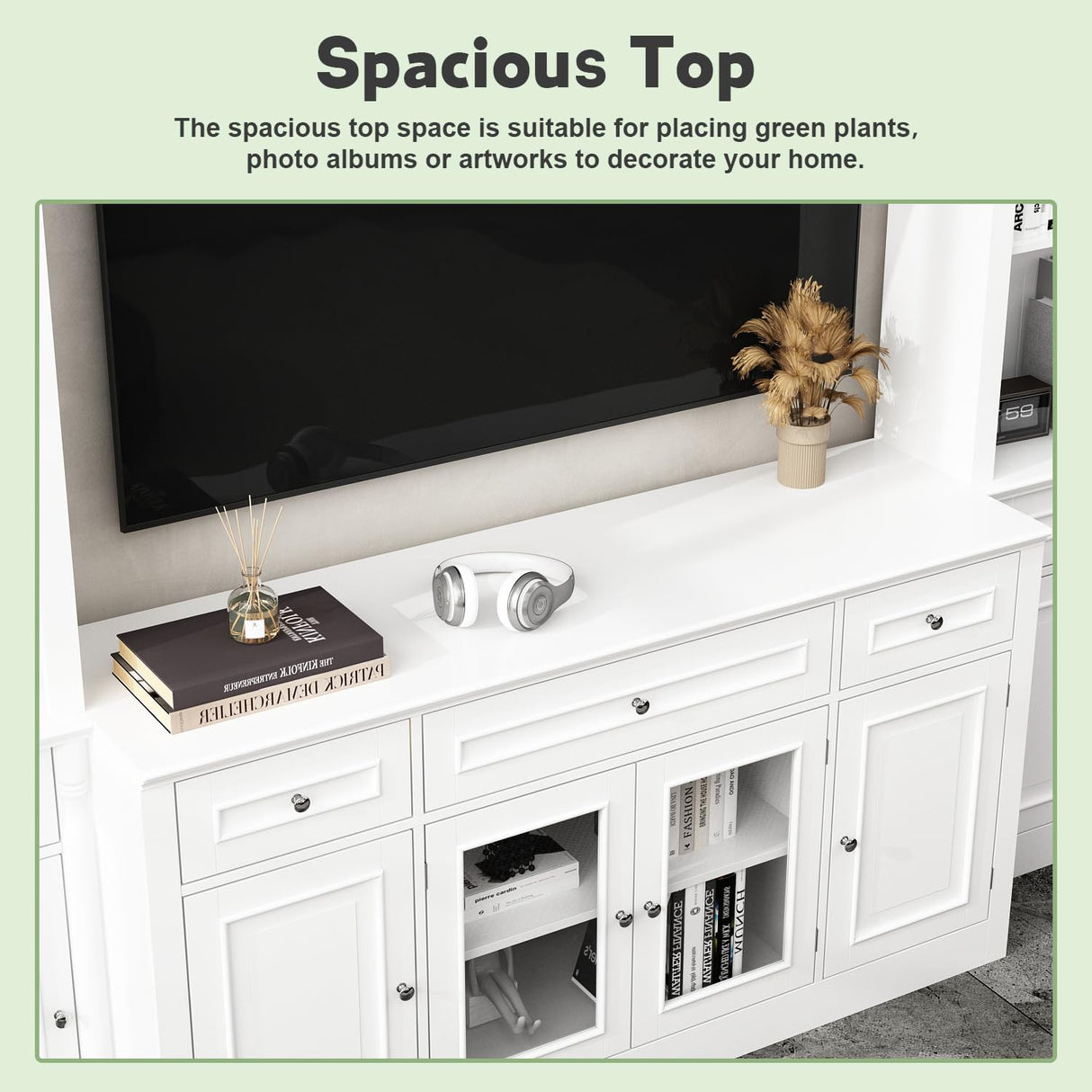 ECACAD 4-Piece Entertainment Center Wall Unit with Bookshelves for TVs up to 60", Multifunctional TV Stand Media Console Table with Glass Doors, Shelves, Drawers & Doors, White ECACAD