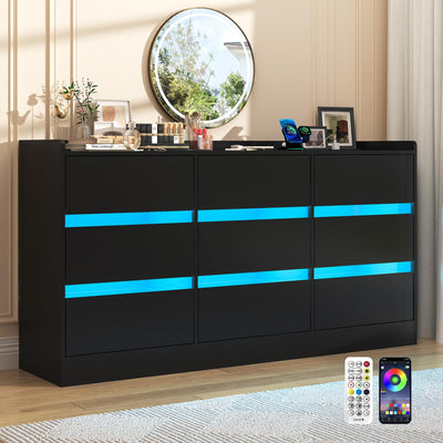 9 Drawer Dresser w/ Charging Station,60000-color LED Lights,Modern Chest of Drawers w/ Power Outlet,Wooden Storage Dresser,Handle Free Minimalist Black Dressers for Bedroom,Living Room, Entryway
