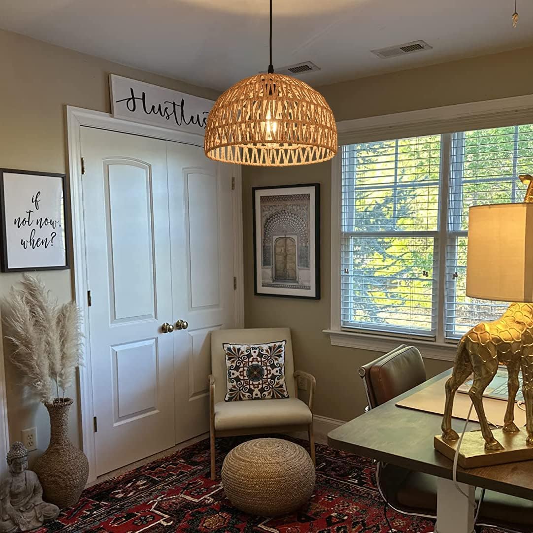 AyshwillDec Hemp Rope Woven Pendant Light Woven Light Fixture Boho Chandelier Light Fixture Wicker Pendant Light Rattan Light Pendant Dome Wicker Chandelier for Dining Room Kitchen Island(Bulb Incl.) AyshwillDec