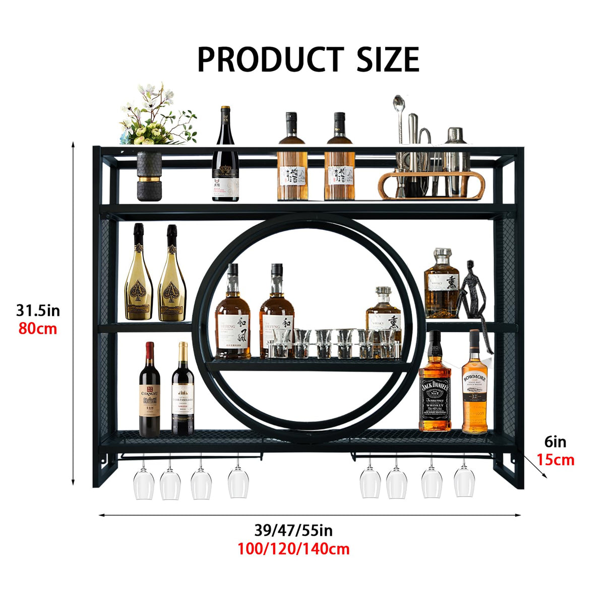 Wall Mounted Wine Rack, Hanging Metal Round Wine Rack Cabinet, Multifunctional Storage Rack, Vintage Style Wine Bottle Shelf, with Wine Glass Holder, for Home Restaurant Bars (140cm/55.1in) Hrwug