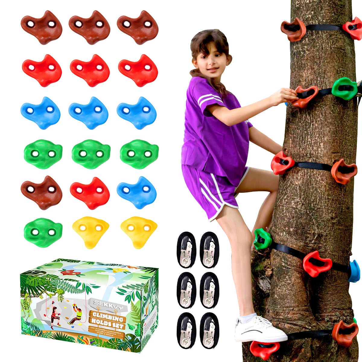 18PCS Ninja Tree Climbing Holds and 6 Sturdy Ratchet Straps for Kids Tree Climbing, Large Climbing Rocks for Outdoor Ninja Warrior Obstacle Course Training SEKKVY