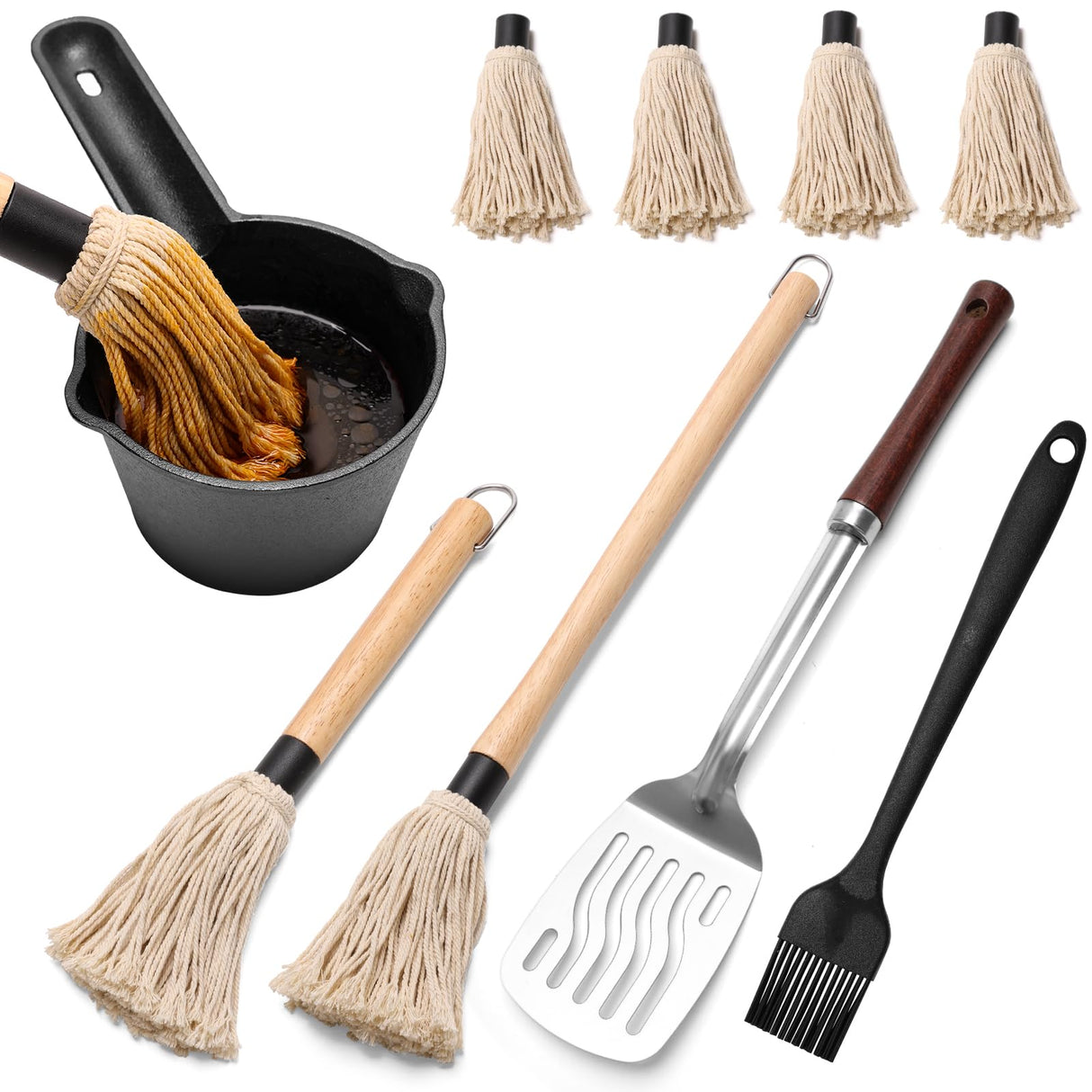 Zhaoyao BBQ Mop Brushes for Sauce and Cast Iron Sauce Pot for Grilling, 2PCS Wooden Handle Mop Brushes 18+11 Inch with 4PCS Replacement Silicone BBQ Basting Brush for Cooking Grill Spatula Zhaoyao