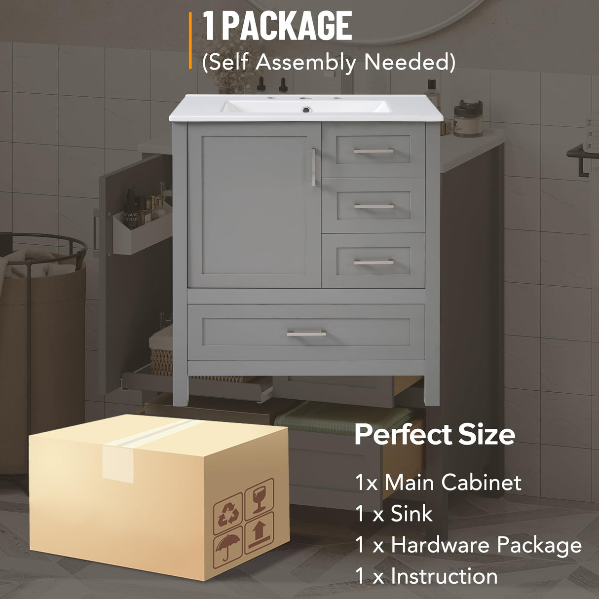 Mirightone 30" Bathroom Vanity with Sink, Bathroom Vanities 30 Inch with Sink, 30" Vanity with Sink for Bathroom, Soft Close Door, 3 Soft Close Drawers and Removable Tray (Grey) Mirightone