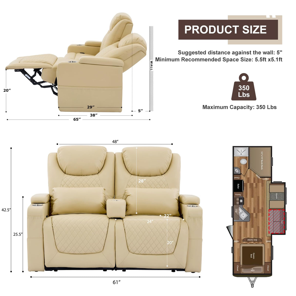 Attliahome 61" RV Loveseat Recliner, Double Recliner Furniture with 3 Arms and 2 Pillows, Wall Hugger Recliners & 135° Reclining Theater Seating (Beige PU Leather RV Couch) Attliahome