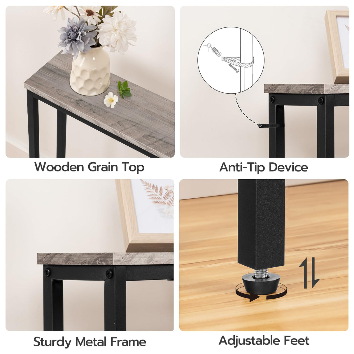 HOOBRO 5.9" Skinny Console Table with Charging Station, 63" Narrow Sofa Table with Power Outlets, Long Behind Couch Table, Slim Entryway Table for Hallway, Living Room, Greige and Black BG165UXG01 HOOBRO