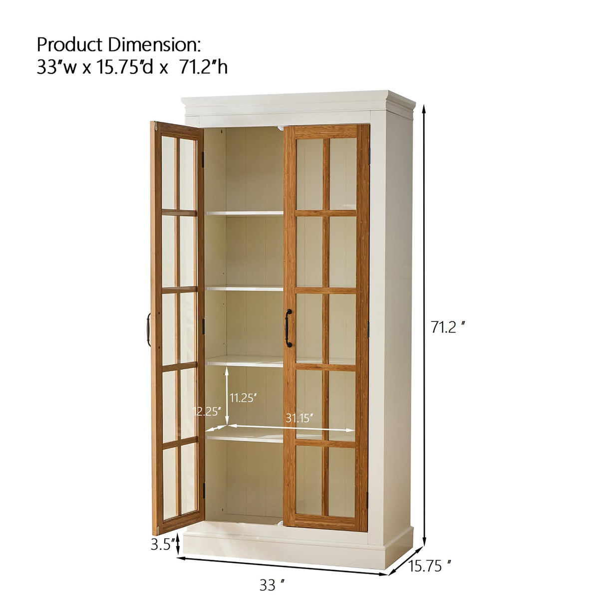 Polibi 71.2" Rustic Display Cabinet with Glass Doors - Curio China Cabinet for Collectibles, Books & Decor, Adjustable Shelves, Fits Living Room, Kitchen, Hallway or Office, White+Brown Polibi
