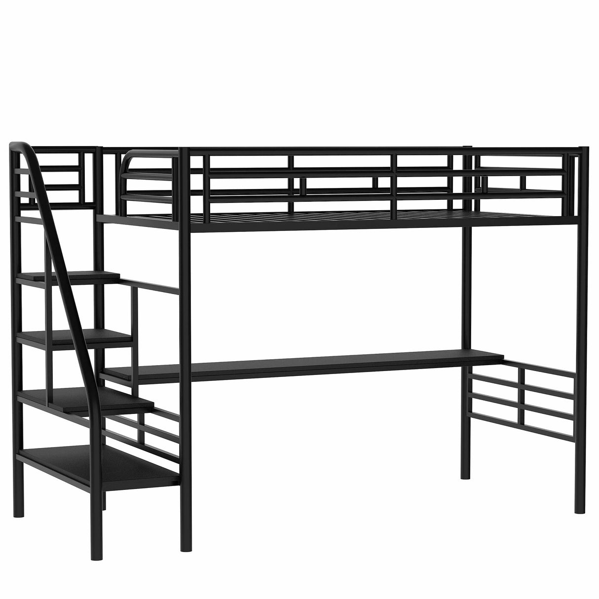 Twin Loft Bed with Desk and Storage Stairs, Heavy Duty Metal Loft Bed with Stairs and Full-Length Guardrail, Twin Loft Bed with Slats No Box Spring Needed(Twin Loft Bed Black) Bellemave