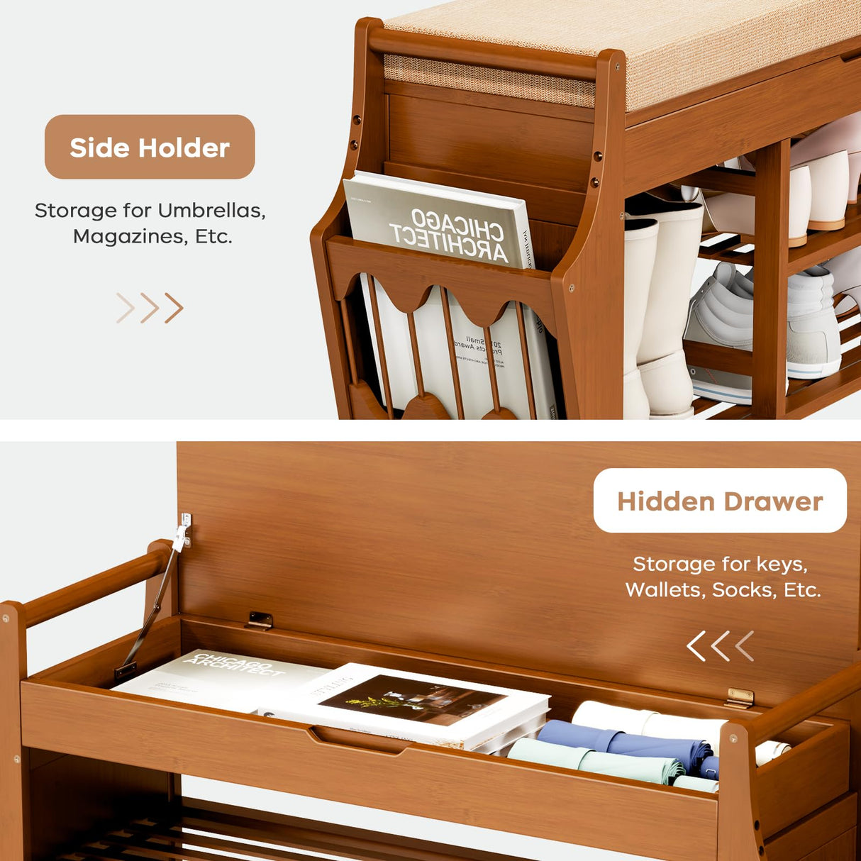 oakvivo 39.4in Shoe Bench with 2 Side Holder, 3 Tier Bamboo Entryway Bench with Storage, Shoe Rack Bench Organizer with Cushion for Entryway Hallway Living Room, Holds up to 330lbs oakvivo