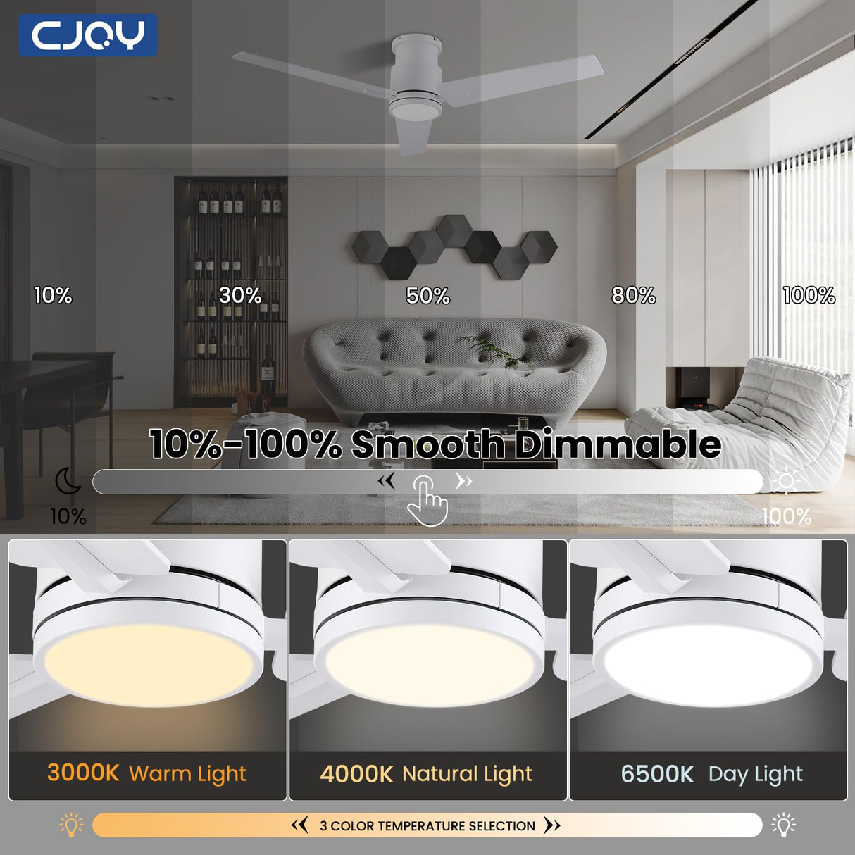 CJOY Ceiling Fan with Lights, 48 Inch Low Profile Ceiling Fans with Light and Remote, Reversible DC, Flush Mount, 3CCT,Dimmable, Modern Indoor/Outdoor Design for Bedroom, Living Room, Patio, Kitchen CJOY