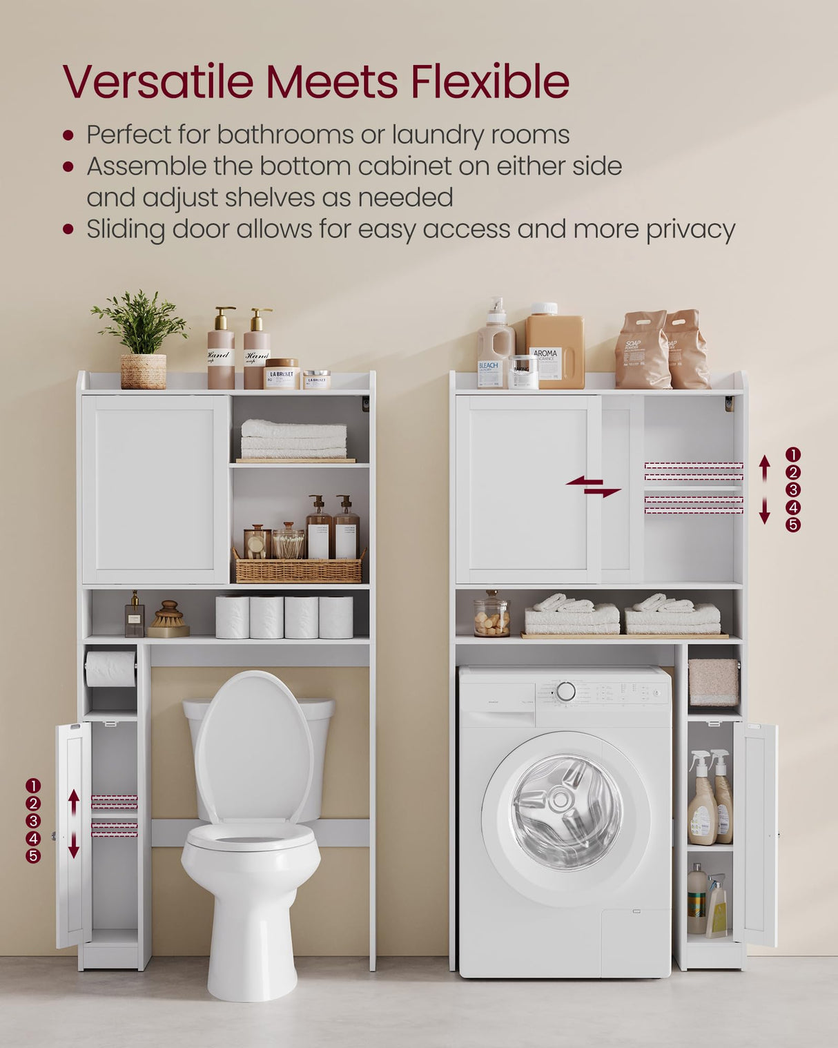 VASAGLE Over The Toilet Storage Shelf, Bathroom Storage Cabinet with Sliding Door, Adjustable Shelves, Toilet Paper Holder, Space-Saving, Modern, 9.8 x 32.7 x 66.9 Inches, Cloud White UBTS018W01 VASAGLE