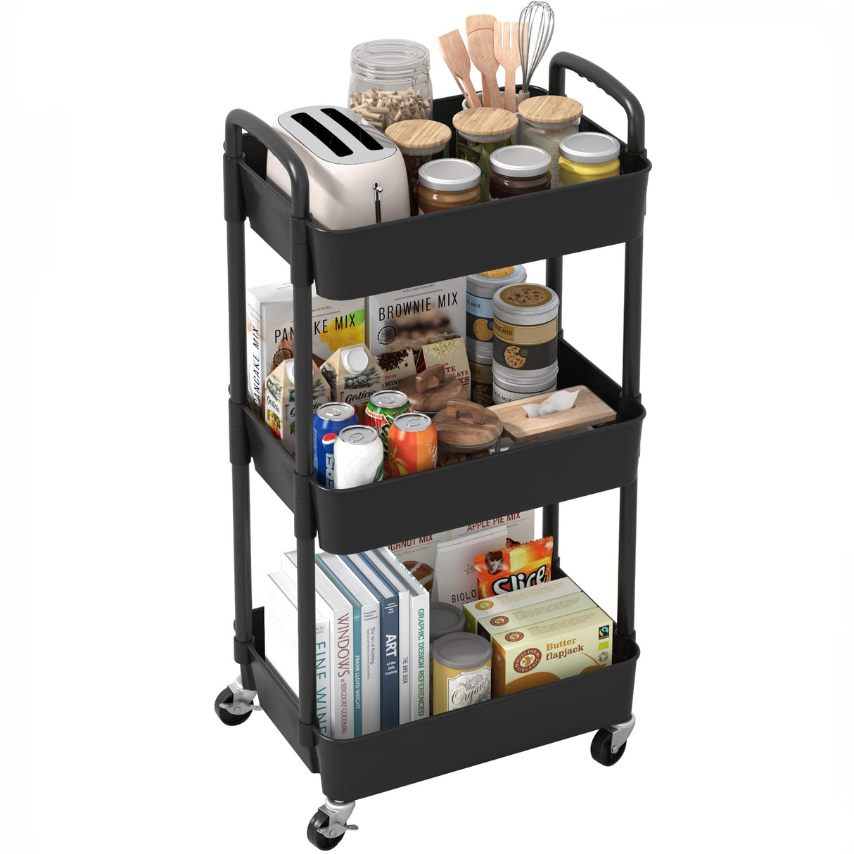 Sywhitta 3-Tier Plastic Rolling Utility Cart with Handle, Multi-Functional Storage Trolley for Office, Living Room, Kitchen, Movable Storage Organizer with Wheels, Black Sywhitta