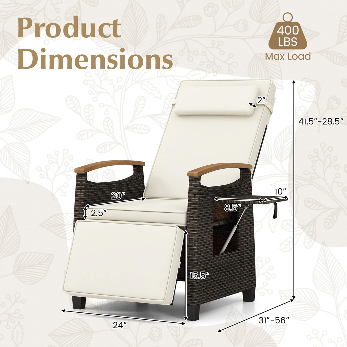 Tangkula Patio Wicker Recliner Chair, Rattan Lounge Chair w/Adjustable Backrest & Footrest, Flip Side Table, Push Back Reclining Seat w/Cushion for Backyard, Porch, Lawn (1, Off White) Tangkula