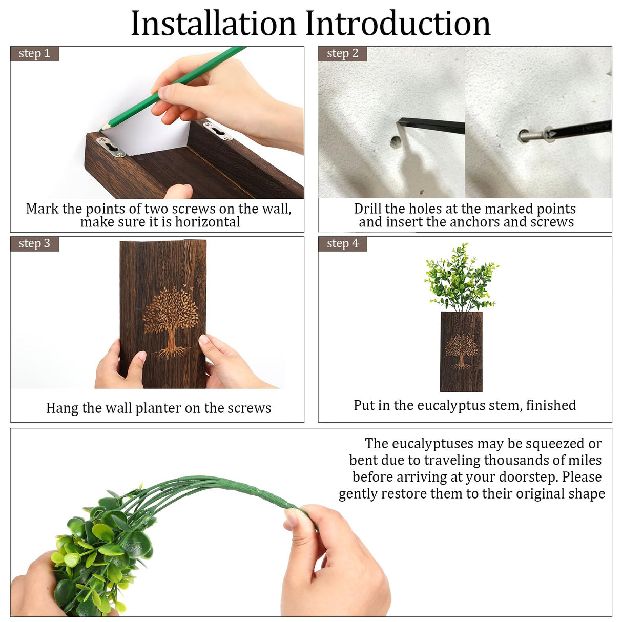 CypherX Wood Wall Planter with Artificial Eucalyptus Set of 2, Farmhouse Wall Decor for Living Room Bathroom Bedroom Kitchen, Wooden Pocket Wall Vases for Fake Plants Greenery and Dried Flowers CypherX