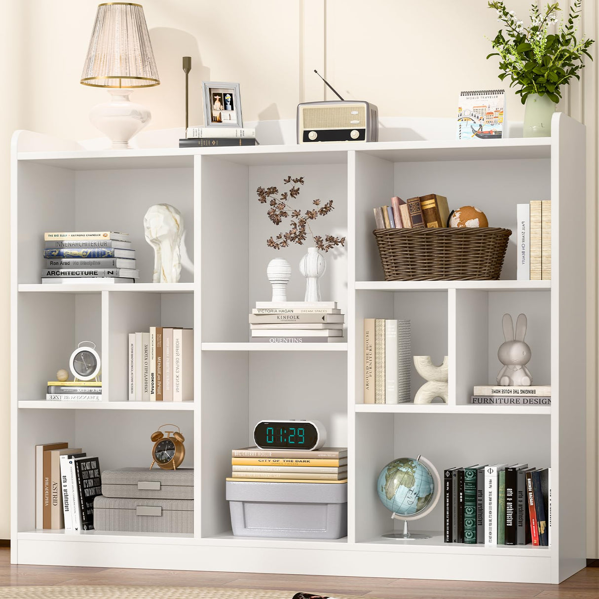 Vabches Kids Cube Bookshelf & Toy Storage Organizer, 3 Tier 10 Storage Cubes with Adjustable Shelf, White Wood Horizontal Cube Bookcase, Book Toy Display Cube Shelf for Kids Room Bedroom Nursery Vabches