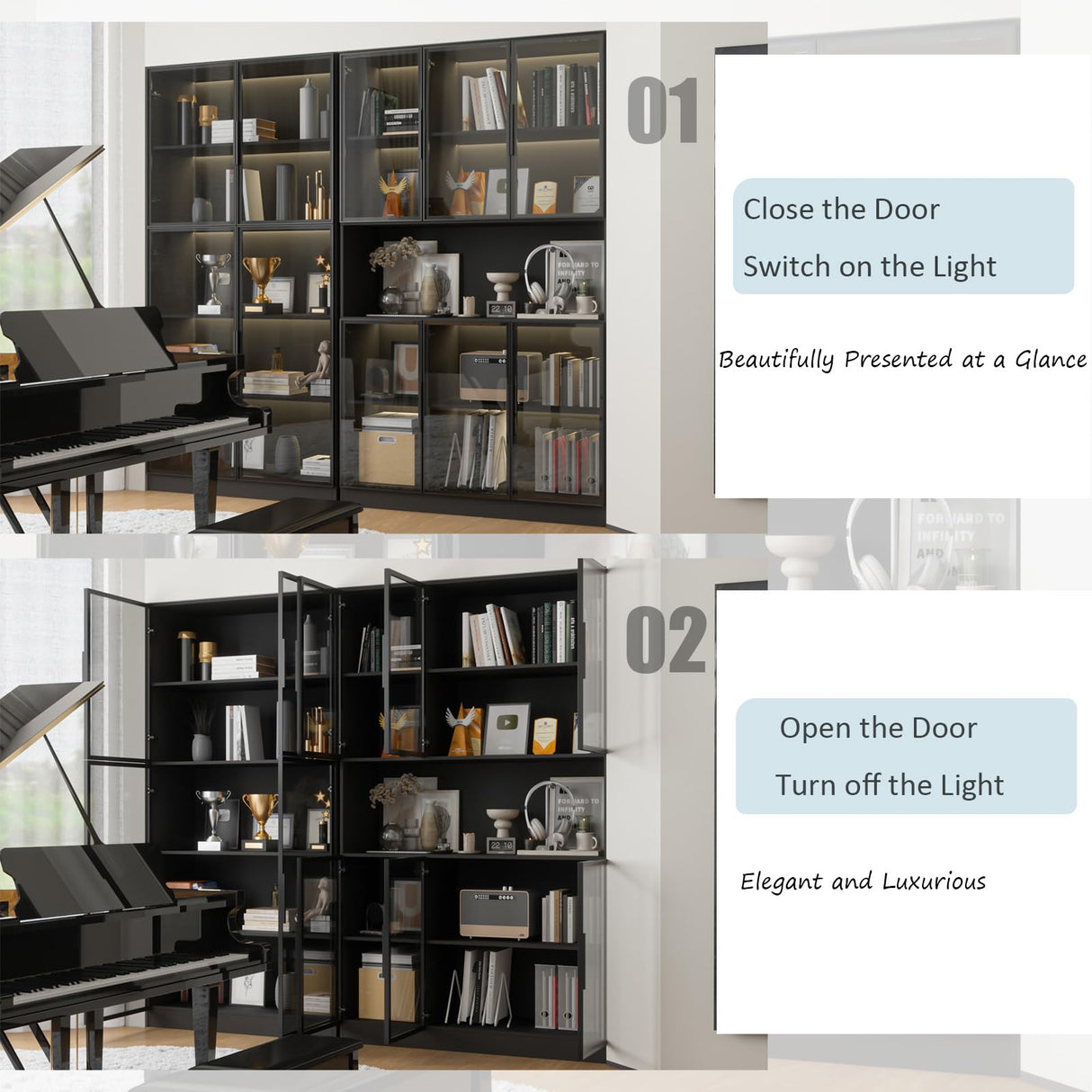 Mekminop Wood and Glass Display Cabinet, Modern Bookcase with Glass Doors, Led Light & Shelves, 78.7” W Large Combination Storage Cabinet with Handle for Home Office, Living Room, Black Mekminop