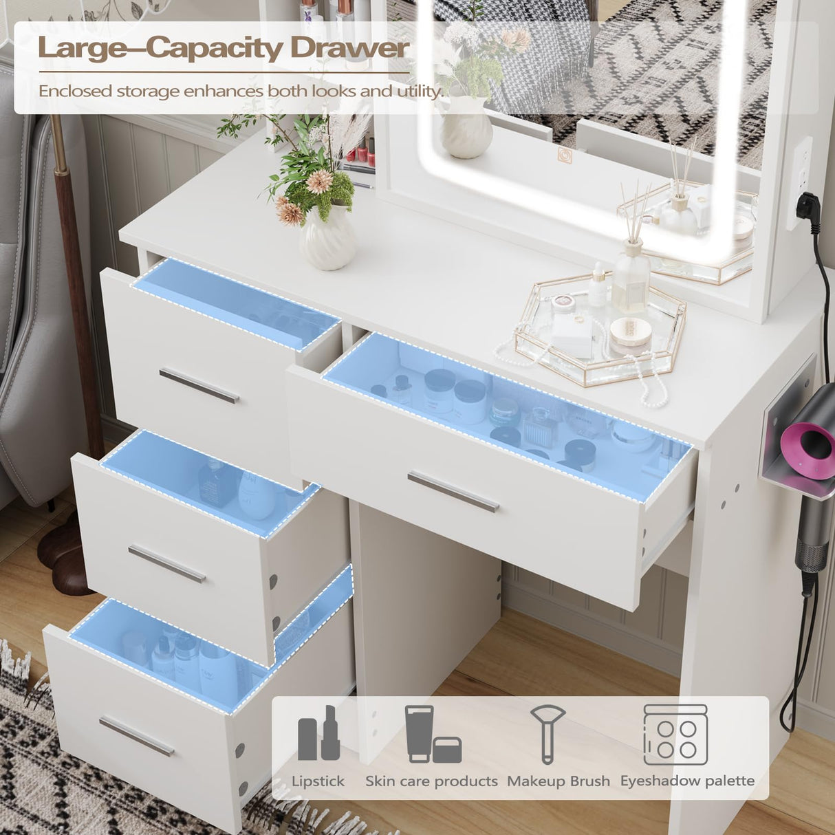 Vanity Desk Set with LED Lighted Mirror & Power Outlet, Makeup Vanity with Chair & 4 Drawers, Vanity Table with Sliding Mirror, Vanity Set 3 Lighting Modes Brightness Adjustable Duoku