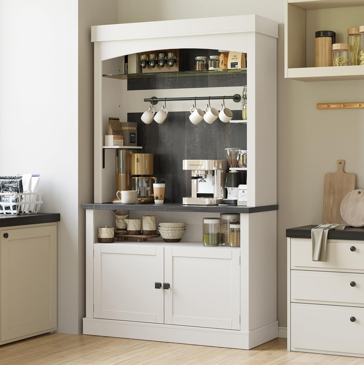 CABIHOME Farmhouse Coffee Bar Cabinet with Storage LED Buffet Cabinet 72" Coffee Hutch Cabinet Large Kitchen Sideboard with Wine Rack/Glass Shelf for Kitchen, Dining Room, Living Room CABIHOME