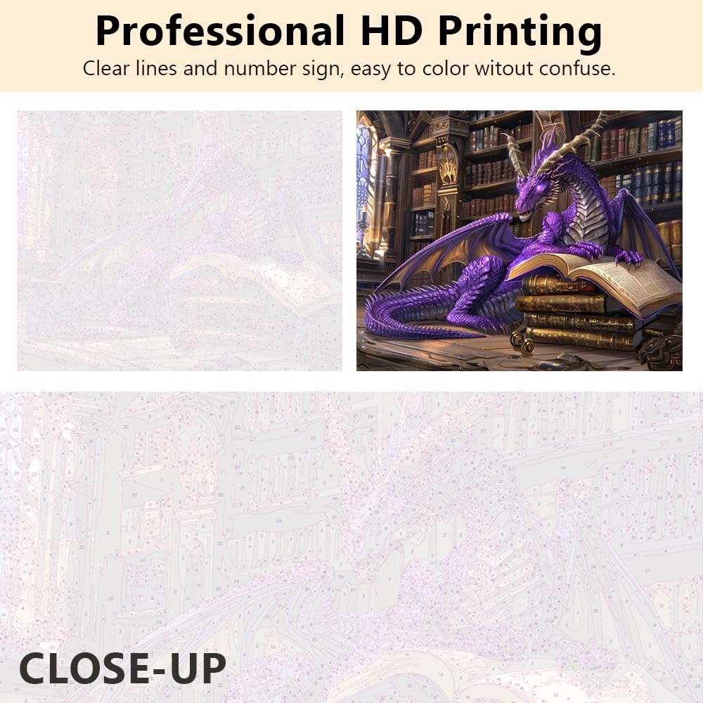 Rebotipy Fantasy Dragon with Ancient Books DIY Paint by Numbers for Adults Beginner,Enchanting Purple Dragon in Mystical Library,Painting by Numbers Kits DIY Oil Painting for Home Decor 40x50cm Rebotipy