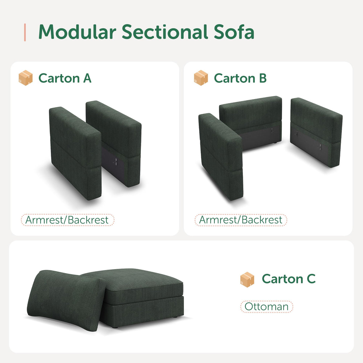 HONBAY Ottoman Module for Corduroy Modular Sectional Sofa with a Back Cushion, Storage Square Ottoman Bench for Living Room, Green HONBAY