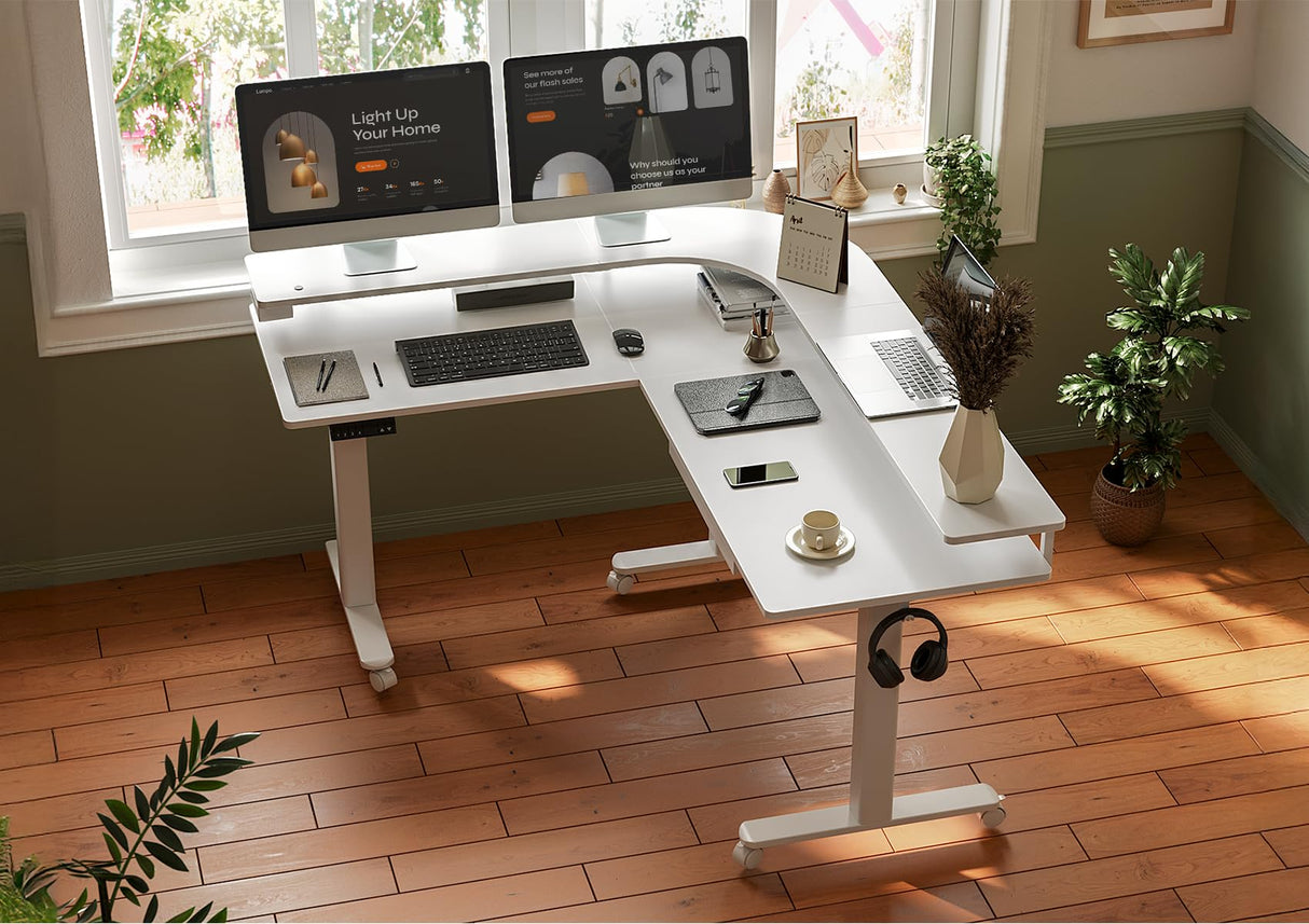 Claiks 63" L Shaped Standing Desk with Drawers and LED Lights, Height Adjustable Electric Corner Standing Desk with Monitor Stand & Power Outlet, 4 Memory Preset, White Claiks