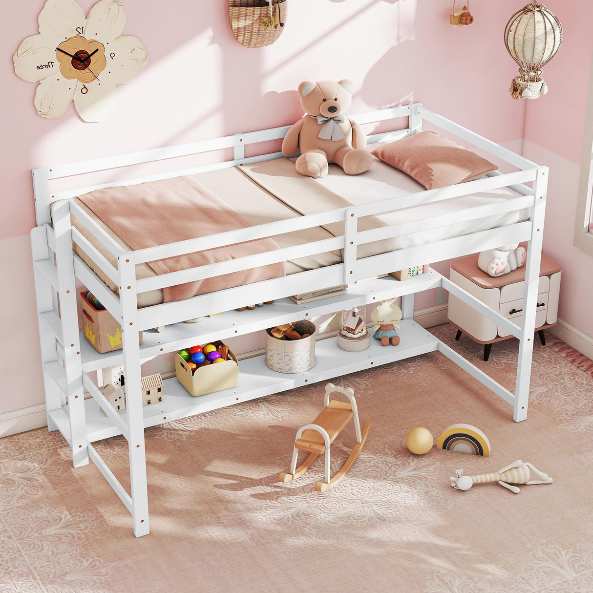 Giantex Twin Low Loft Bed with Storage Shelves, Wooden Loft Bed with Full-Length Guardrails & Ladder, Modern Space-Saving Twin Bed Frame for Kids Dorm Apartment, No Box Spring Needed, White Giantex