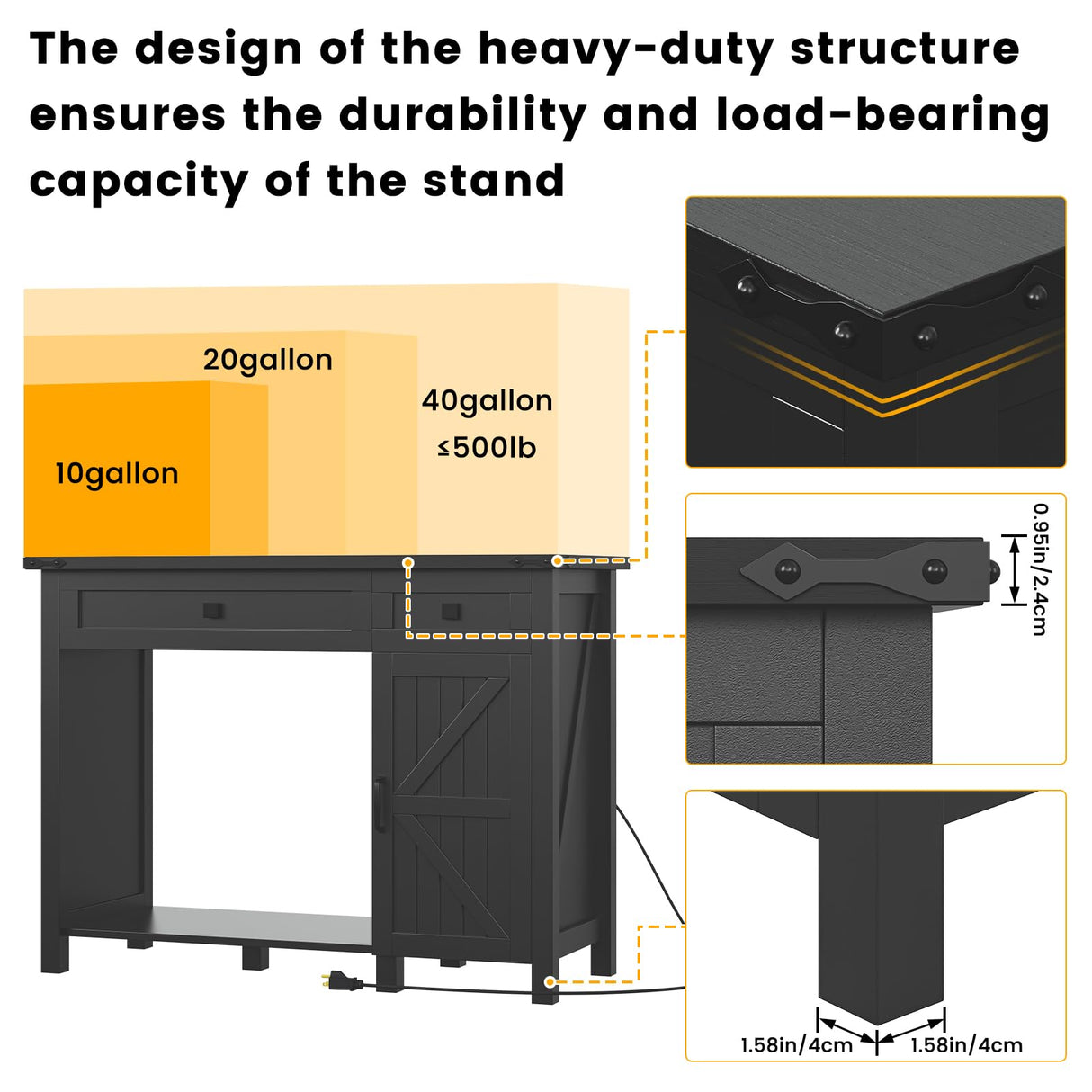 Saudism 40 Gallon Aquarium Stand With Charging Station, Farmhouse Fish Tank Stand, Reptile Tank Stand Terrarium Stand with Drawer and Cabinet Storage, Sturdy Heavy Duty 41.9"×18.3" Tabletop - Black Saudism