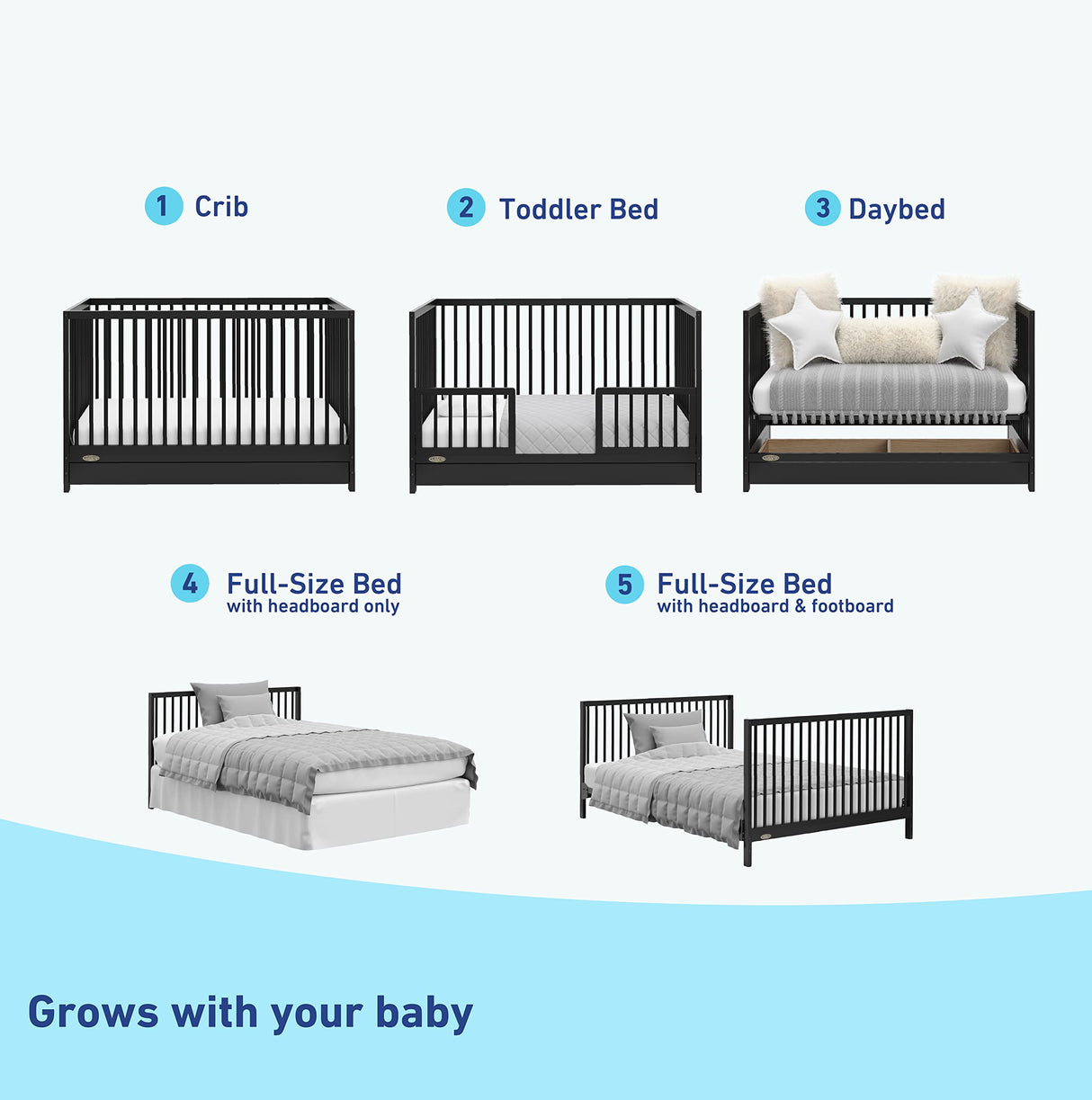 Graco Teddi 5-in-1 Convertible Crib with Drawer (Black) – GREENGUARD Gold Certified, Crib with Drawer Combo, Full-Size Nursery Storage Drawer, Converts to Toddler Bed, Daybed and Full-Size Bed Graco