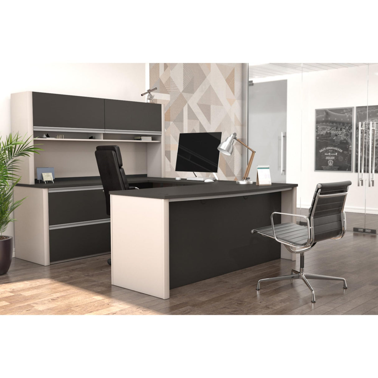 BESTAR Connexion U-Shaped Workstation with Two Oversized Pedestals, Slate/Sandstone Bestar