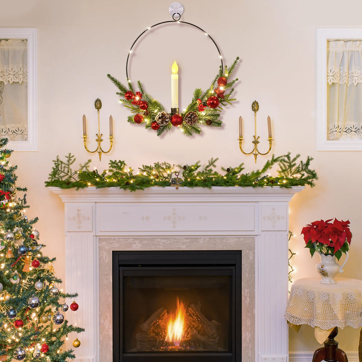 Dolicer 2 Pcs Christmas Wreaths for Front Door Window 12In Christmas Wreaths with LED Lighted Taper Candles and Remote Control Berries and Pine Cones Wreaths for Holiday Christmas Party Decoration Dolicer