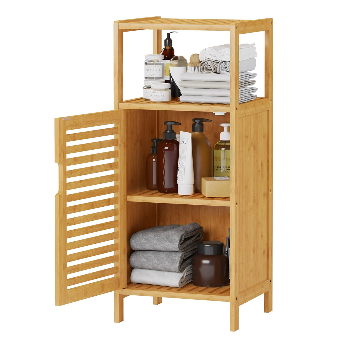 VIAGDO Bamboo Cabinet, Bathroom Storage Cabinet with Single Door and Shelf, Freestanding Bathroom Cabinet, Kitchen Cupboard, Sofa Side Table for Living Room/Hallway/Kitchen VIAGDO