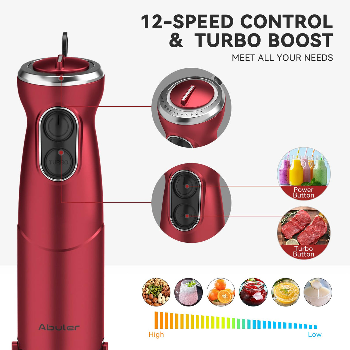 Immersion Blender 5 in 1 Hand Blender, Abuler 1000W Hand Mixer Stick,12 Speed Handheld Blender 304 Stainless Steel with 600ml Mixing Beaker, 500ml Chopper, Whisk and Milk Frother for Soup, Baby Food Abuler