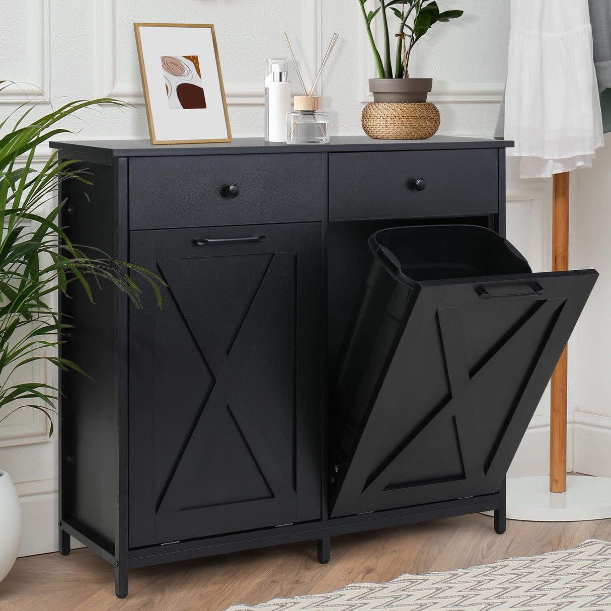 MAMIZO Double Tilt Out Trash Cabinet 10 Gallon*2,Kitchen Garbage Cabinet,Pet-Proof Standing Hidden Dual Laundry Sorter,W/Hideaway Drawer,for Kitchen,Living,Dining Room (Black) MAMIZO