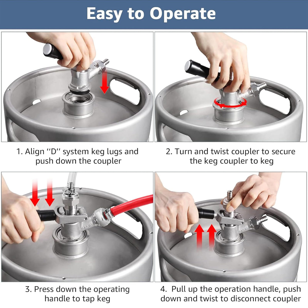 MRbrew All 304 Stainless Steel Keg Coupler, Commercial Sankey Kegerator D System Keg Tap Dispenser for I.D 5/16'' Draft Beer Line Gas Brewing Tubing with Check Valve Sealing Washer Hose Clamp MRbrew