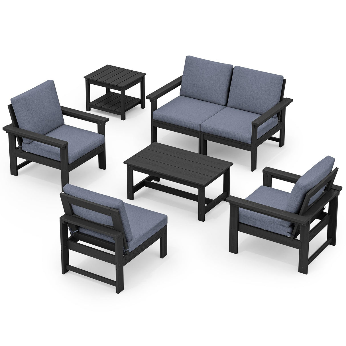 SERWALL HDPE Patio Furniture Set, 7-Piece Outdoor Sectional Sofa Set, All Weather Outdoor Couch Set for Deck, Lawn, Black Frame with Grey Cushion SERWALL