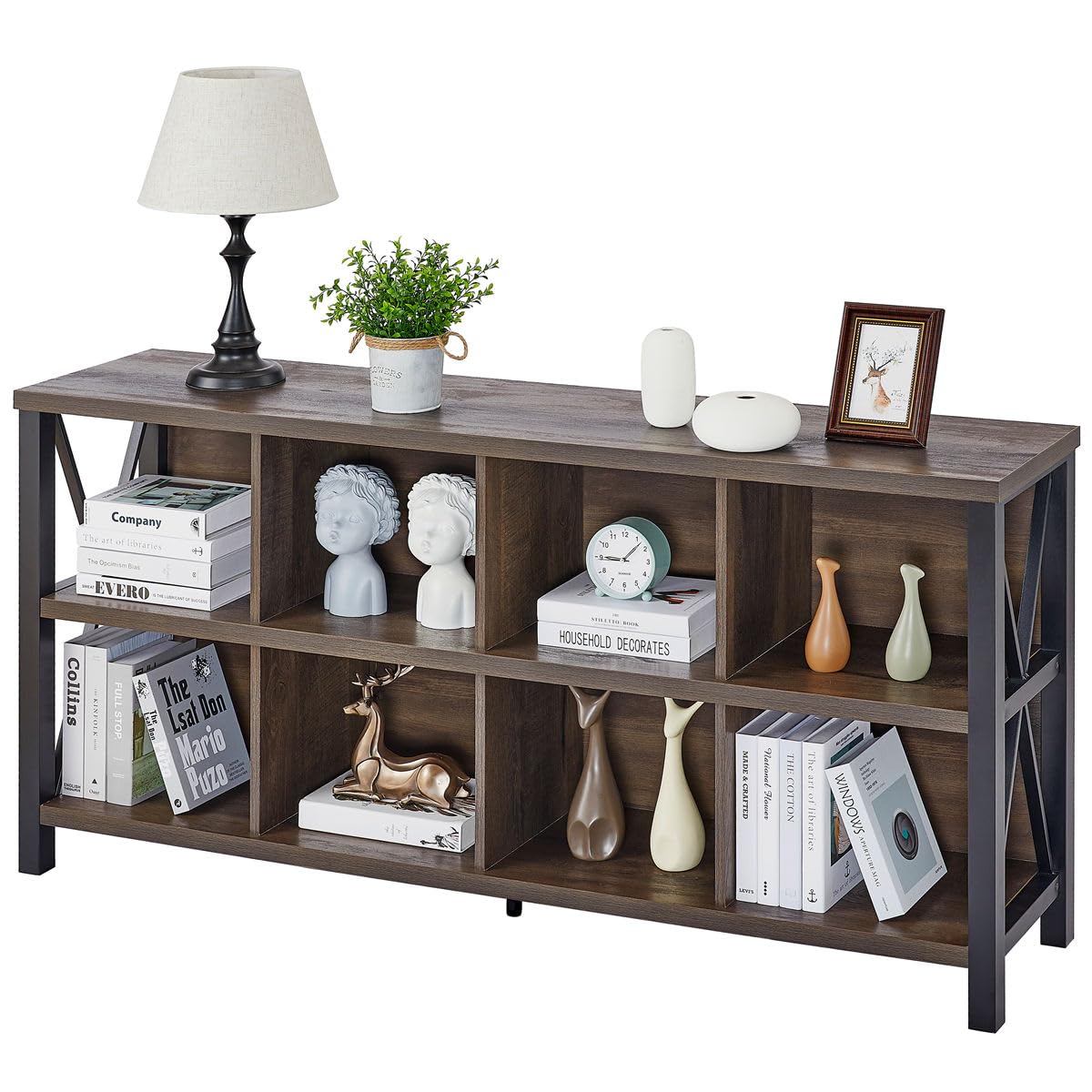 FATORRI Rustic 8-Cube Storage Organizer Bookshelf - Industrial Walnut Brown Bookcase for Living Room FATORRI