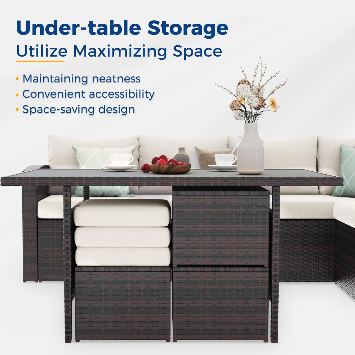 Wisteria Lane Patio Furniture Set, 7 Piece Outdoor Dining Sectional Sofa with Dining Table and Chair, All Weather Wicker Conversation Set with Ottoman, Brown Wisteria Lane