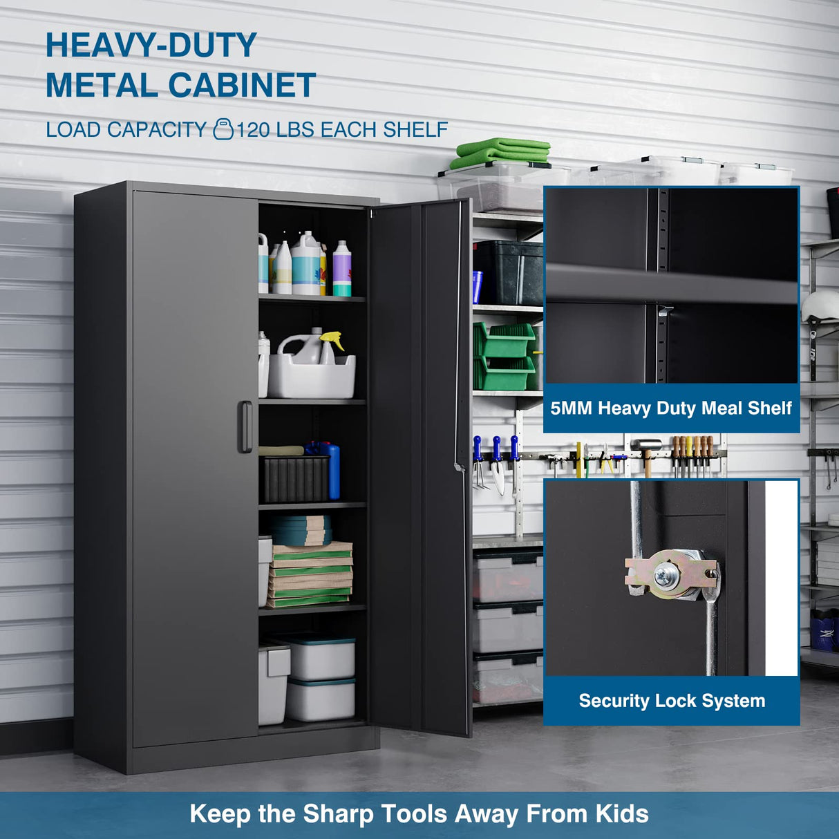PEUKC Metal Garage Storage Cabinet, 71-inch Tall Storage Cabinet with Adjustable Shelves & Locking Doors, Tool Cabinets for Garage,Office,Home,School,Gym Storage (Black) PEUKC
