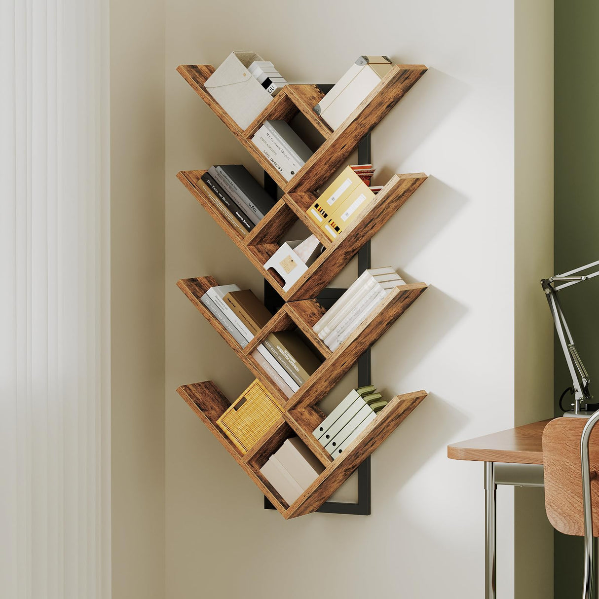 HOOBRO Floating Shelves for Wall, Set of 2 Wall Mounted Shelves, 2-Tier Wooden Tree Bookshelf, Hanging Shelves Storage Rack, for Living Room, Kitchen, Office, Rustic Brown and Black BF54BJP201 HOOBRO