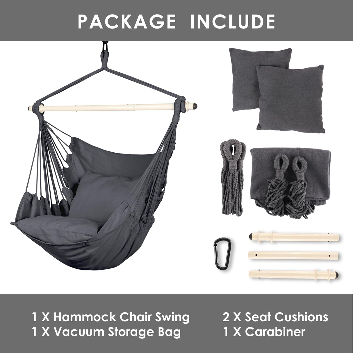 Highwild Hammock Chair Hanging Rope Swing - Max 500 Lbs - 2 Cushions Included - Steel Spreader Bar with Anti-Slip Rings - for Any Indoor or Outdoor Spaces (Grey) Highwild
