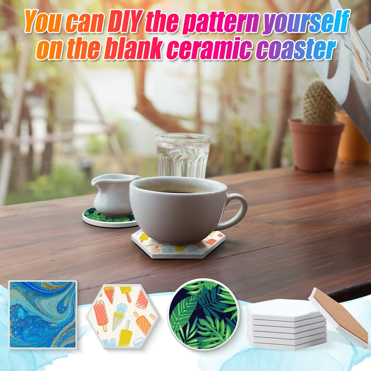 Tioncy 72 Pieces Square Hexagon Round Sublimation Coasters Blanks White Glazed Ceramic Coasters with Cork Backing Pads Heat Transfer for DIY Crafts Painting Home Tioncy