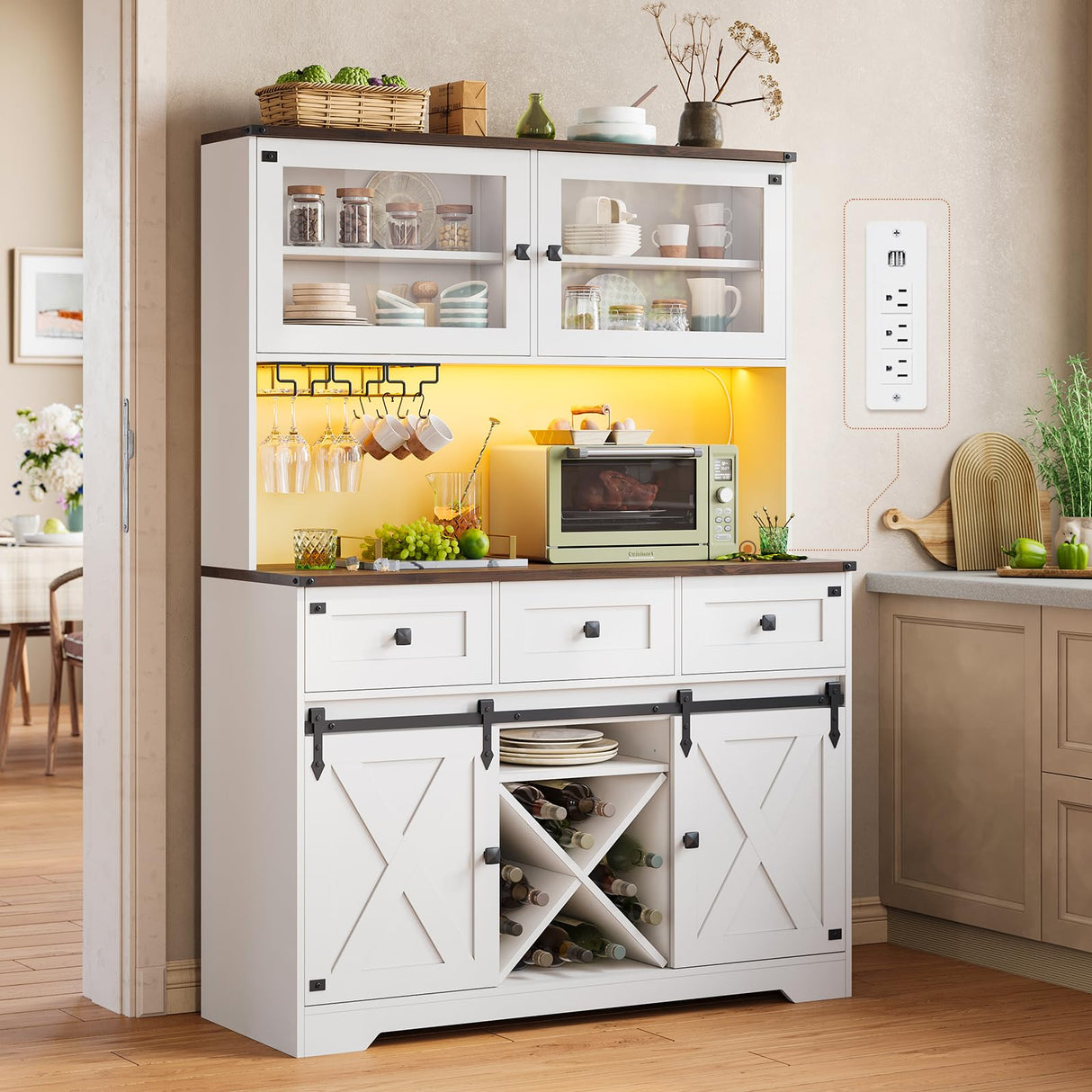 DICTAC Farmhouse Buffet Cabinet with Storage Coffee Bar Station Cabinet with Power Outlet and LED Light, Tall Bar Cabinets with Sliding Barn Door and Wine Glass Rack for Kitchen, Living Room,White DICTAC